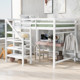 Full Size Loft Bed with Built-in Storage Staircase and Hanger for Clothes, White Gx000526Aak