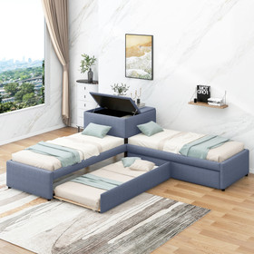 L-shaped Upholstered Platform Bed with Trundle and Two Drawers Linked with built-in Desk,Twin,Gray GX000531AAE