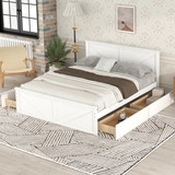 Queen Size Wooden Platform Bed with Four Storage Drawers and Support Legs, White
