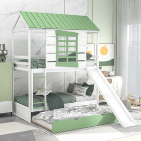 Twin Over Twin Size House Bunk Bed with Convertible Slide and Trundle, White+Green