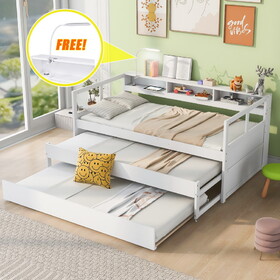 Twin XL Wood Daybed with 2 Trundles, 3 Storage Cubbies, 1 Light for Free and USB Charging Design, White GX000544AAK