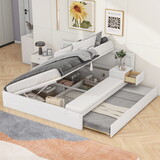 Full Size Wood Storage Hydraulic Platform Bed with Twin Size Trundle, Side Table and Lounge, White P-GX000569AAE
