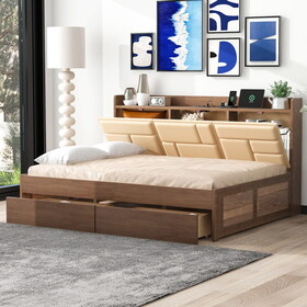 Full Size Wood Daybed with Upholstered Storage Shelves, USB Ports and 2 Drawers, Wood Color GX000598AAW