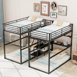 Double Twin over Twin Metal Bunk Bed with Desk, Shelves and Storage Staircase, Black GX000601AAB