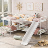 Twin Size L-Shaped Bunk Bed with Slide and Ladder, White