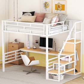 Full Size Metal Loft Bed with Desk, Storage Staircase and Small Wardrobe, Storage stairs can be installed left and right, White GX000620AAK