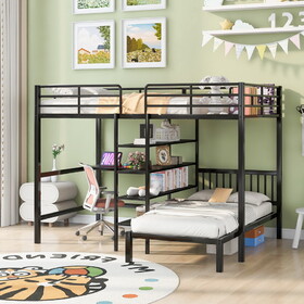 Full Over Twin Metal Bunk Bed with Built-in Desk, Shelves and Ladder, Black GX000623AAB