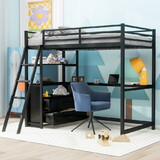 Twin Size Metal&Wood Loft Bed with Desk and Shelves, Two Built-in Drawers, Black  GX000624AAB