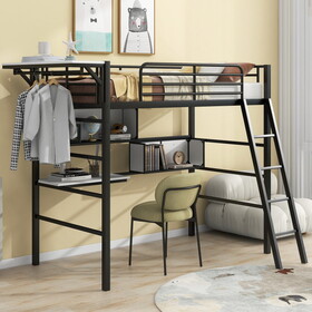 Twin Size Metal Loft Bed with 2 Shelves, a desk and a Hanging Clothes Rack, Black and White GX000628AAB