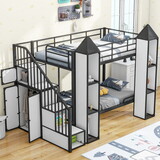 Metal Twin over Twin Castle-shaped Bunk Bed with Wardrobe and Multiple Storage, Black+White