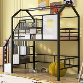 Metal Loft Bed with roof design and a storage box, Twin, Black GX000633AAB