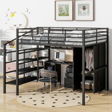 Metal Loft Bed with table set and wardrobe, Full, Black GX000634AAB