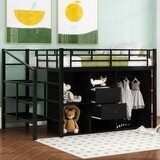 Full Size Metal Loft Bed with Drawers, Storage Staircase and Small Wardrobe GX000645AAB
