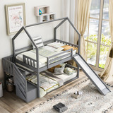 Twin Over Twin House Bunk Bed with Convertible Slide, Storage Staircase Can be Placed Left or Right, Gray Gx000707Aae
