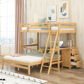 Twin Over Full Bunk Bed with Built-in Desk and Three Drawers, Natural Gx000709Aad