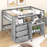 Full Size Low Loft Bed with Rolling Portable Desk, Drawers and Shelves,  Gray GX000711AAE