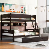 Wood Twin over Full Bunk Bed with Storage Shelves and Twin Size Trundle, Espresso