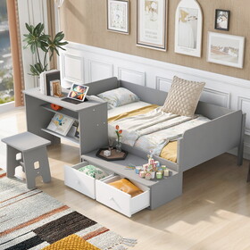 Wood Twin Size Platform Bed with 2 Drawers and 1 Chair&Desk Set, Gray+White GX000714AAE