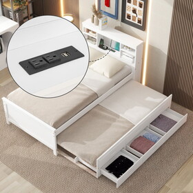 Twin Size Platform Bed with Storage Headboard, USB, Twin Size Trundle and 3 Drawers, White GX000715AAE