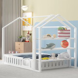 Full Size Wood House Bed with Fence and Detachable Storage Shelves, White GX000719AAK