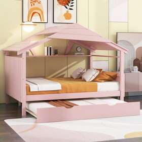 Wood Full Size House Bed with Twin Size Trundle and Storage, Pink P-GX000724AAF