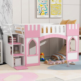 Twin Size Loft Bed with Storage Staircase and Window, Pink P-GX000727AAH