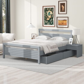 Queen Size Wooden Platform Bed with 2 Storage Drawers and 2 bedside tables, Gray GX000729AAE