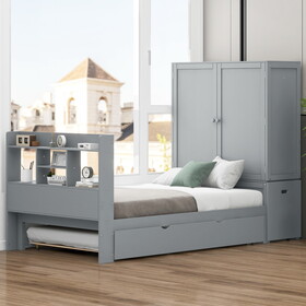 Twin Size Platform Bed with Storage Headboard and Footboard, Pull Out Shelves and Twin Size Trundle, Gray GX000732AAE