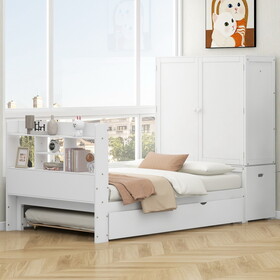 Twin Size Platform Bed with Storage Headboard and Footboard, Pull Out Shelves and Twin Size Trundle, White GX000732AAK