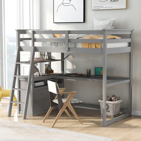 Twin Size Loft Bed with Desk and Shelves, Two Built-in Drawers, Gray Gx000803Aae-1