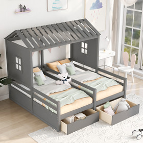 Twin Size House Platform Beds with Two Drawers for Boy and Girl Shared Beds, Combination of 2 Side by Side Twin Size Beds, Grey Gx000927Aae