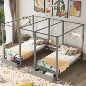 Double Shared Twin Size Canopy Platform Beds with Two Drawers and Built-in Desk, Gray Gx000928Aae