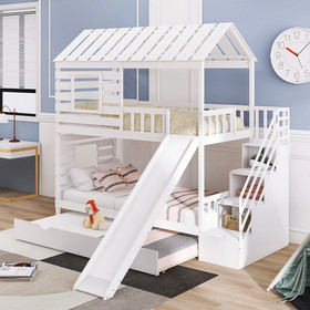 Twin Over Twin House Bunk Bed with Trundle and Slide, Storage Staircase, Roof and Window Design, White Gx000931Aak