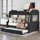Twin Over Full Upholstered Bunk Bed with Trundle and Ladder, Tufted Button Design, Black Gx000932Aab