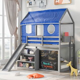 Twin over Twin House Bunk Bed with Blue Tent, Slide, Shelves and Blackboard, Gray GX001018AAE