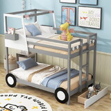 Twin over Twin Car-Shaped Bunk Bed with Wheels, Drawers and Shelves, Gray GX001020AAE