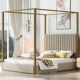 Queen Size Upholstery Canopy Platform Bed with Headboard and Metal Frame, Beige