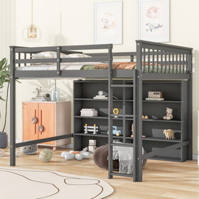 Full Size Loft Bed with 8 Open Storage Shelves and Built-in Ladder, Gray GX001033AAE