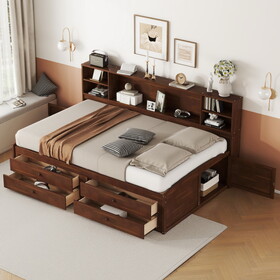 Full Size Wooden Captain Bed with Built-in Storage Shelves, 4 Drawers and 2 Cabinets, Antique Brown
