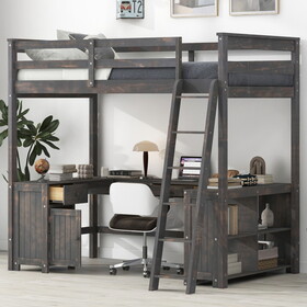 Full Size Loft Bed with U-shaped Desk, Drawers and Storage Shelves, Antique Brown P-GX001038AAD