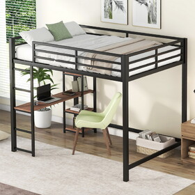 Full Size Metal Loft Bed with Built-in Desk and Storage Shelves, Black GX001116AAB-1