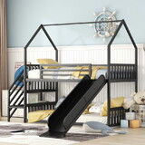 Twin Size Metal Bunk Bed House Bed with Slide and Staircase, Black GX001117AAB