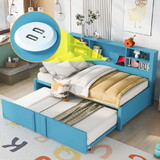 Metal Twin Size Daybed with Twin Size Trundle, Storage Shelves and USB Ports, Blue GX001118AAC