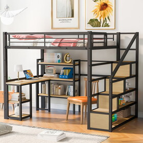 Full Size Metal Loft bed with Staircase, Built-in Desk and Shelves, Black GX001121AAB