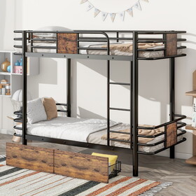 Twin XL over Twin XL Metal Bunk Bed with MDF Board Guardrail and Two Storage Drawers,Black