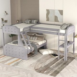 L-Shaped Twin Over Full Bunk Bed and Twin Size Loft Bed with Desk, Grey