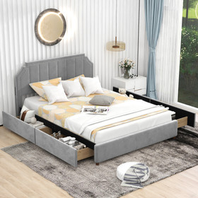 Queen Size Upholstery Platform Bed with Four Storage Drawers, Support Legs, Grey Gx001511Aae