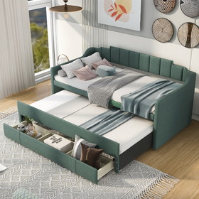Twin Size Upholstered Daybed with Trundle and Three Drawers, Green