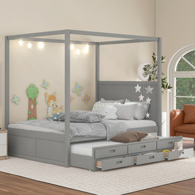 Queen Size Canopy Platform Bed with Twin Size Trundle and Three Storage Drawers, Gray Gx001605Aae