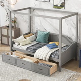 Twin Size Wooden Canopy Daybed with 3 in 1 Storage Drawers, Grey